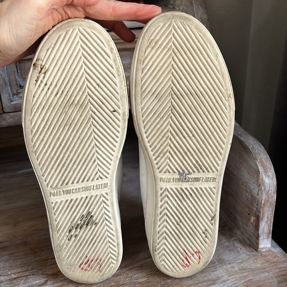🤍 P448 White Leather Leopard Sneakers Size 39 Suede Toe Platform - Picture 10 of 12